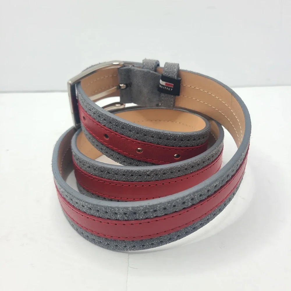 BORRELLI Napoli Men Leather Belt 46 115 Gray Red Dress Luxury Made In Italy